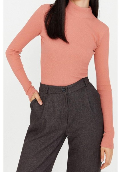 Moda Dik Yaka Örme Slim Düz Desen Casual Günlük Regular Uzun Kol Bluz