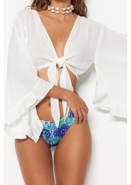 Moda V Yaka Dokuma Fit Düz Desen Plaj Crop Truvakar Kol Kol Bluz
