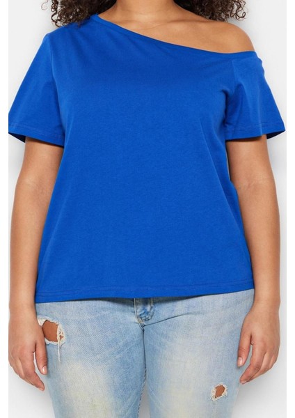 Moda Büyük Beden Devrik Yaka Örme Regular Düz Desen Casual Günlük Crop Kısa Kol Bluz
