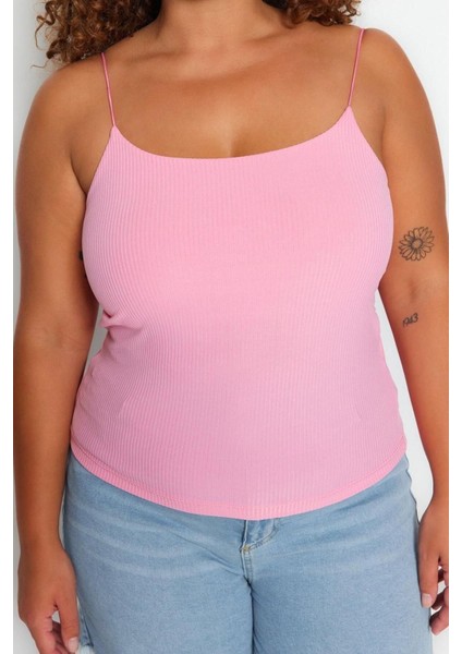 Moda Büyük Beden Kare Yaka Örme Fit Düz Desen Casual Günlük Crop Askılı Kol Bluz