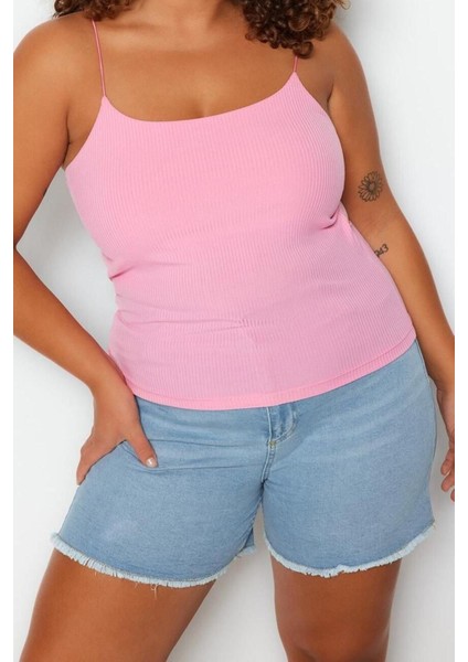 Moda Büyük Beden Kare Yaka Örme Fit Düz Desen Casual Günlük Crop Askılı Kol Bluz fiyatları
