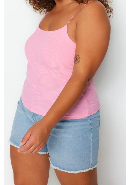 Moda Büyük Beden Kare Yaka Örme Fit Düz Desen Casual Günlük Crop Askılı Kol Bluz modelleri