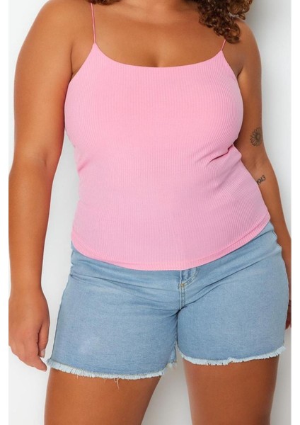 Moda Büyük Beden Kare Yaka Örme Fit Düz Desen Casual Günlük Crop Askılı Kol Bluz fırsatları