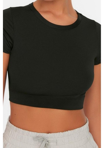 Moda Bisiklet Yaka Örme Fit Düz Desen Sportswear Super Crop Kısa Kol Bluz fiyatları