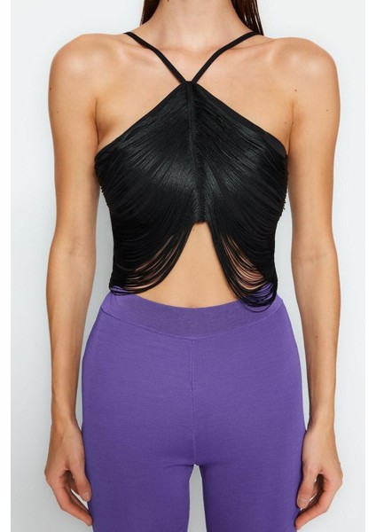 Moda Halter Yaka Dokuma Regular Düz Desen Şık Gece Crop Kolsuz Bluz