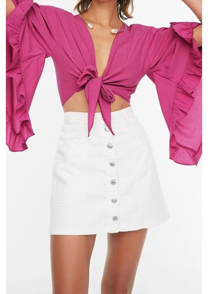 Moda V Yaka Dokuma Fit Düz Desen Plaj Crop Truvakar Kol Kol Bluz fiyatları