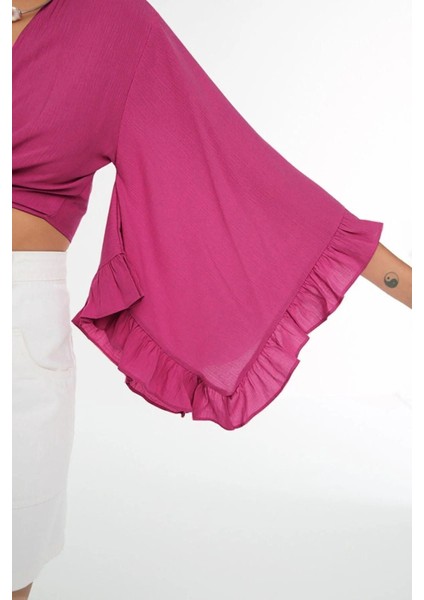 Moda V Yaka Dokuma Fit Düz Desen Plaj Crop Truvakar Kol Kol Bluz fırsatları
