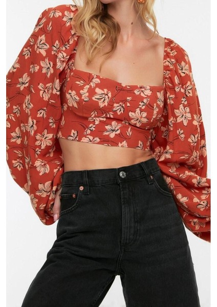 Moda Bisiklet Yaka Dokuma Slim Fit Çiçekli Desen Plaj Crop Uzun Kol Bluz