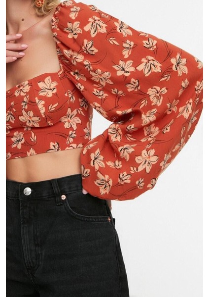 Moda Bisiklet Yaka Dokuma Slim Fit Çiçekli Desen Plaj Crop Uzun Kol Bluz