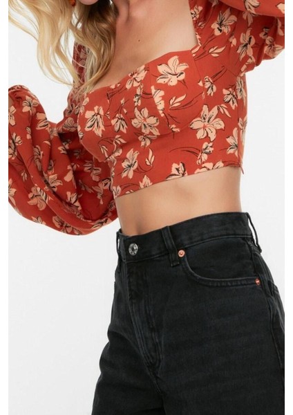 Moda Bisiklet Yaka Dokuma Slim Fit Çiçekli Desen Plaj Crop Uzun Kol Bluz
