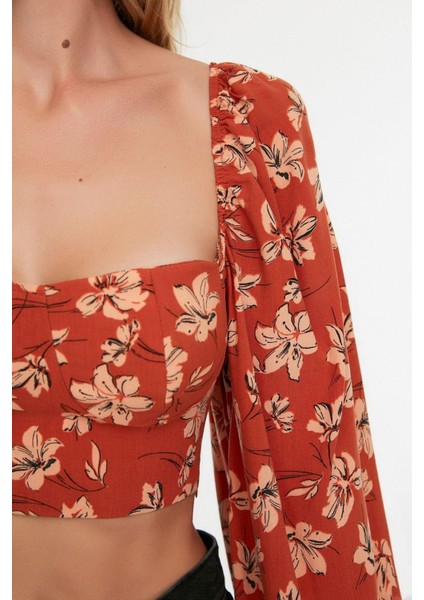 Moda Bisiklet Yaka Dokuma Slim Fit Çiçekli Desen Plaj Crop Uzun Kol Bluz