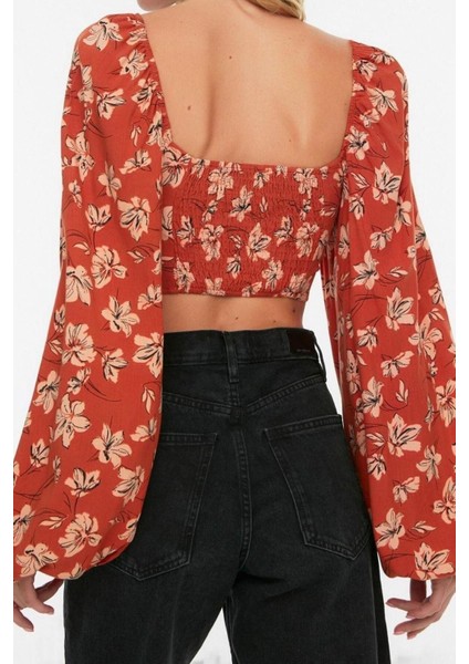 Moda Bisiklet Yaka Dokuma Slim Fit Çiçekli Desen Plaj Crop Uzun Kol Bluz