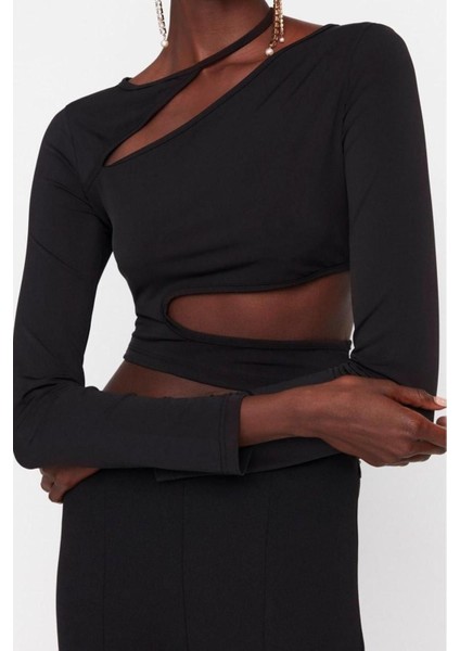 Moda Asimetrik Yaka Örme Slim Fit Düz Desen Şık Gece Crop Uzun Kol Bluz