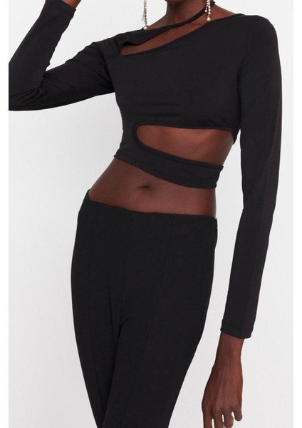 Moda Asimetrik Yaka Örme Slim Fit Düz Desen Şık Gece Crop Uzun Kol Bluz fırsatları