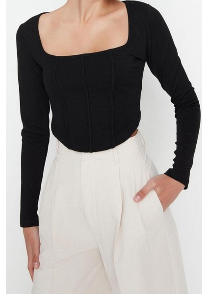 Moda Kare Yaka Örme Slim Düz Desen Casual Günlük Crop Uzun Kol Bluz