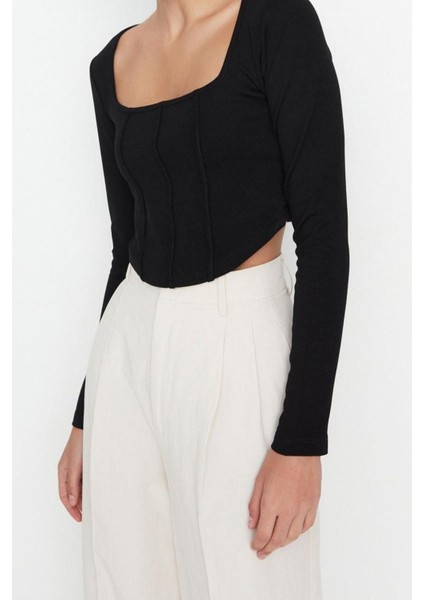 Moda Kare Yaka Örme Slim Düz Desen Casual Günlük Crop Uzun Kol Bluz fiyatları