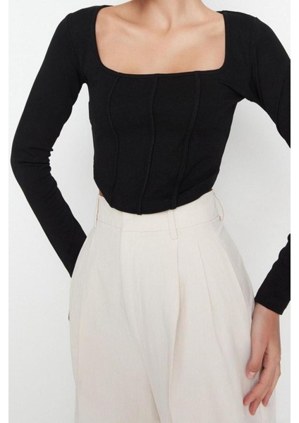 Moda Kare Yaka Örme Slim Düz Desen Casual Günlük Crop Uzun Kol Bluz modelleri
