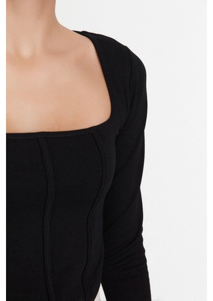 Moda Kare Yaka Örme Slim Düz Desen Casual Günlük Crop Uzun Kol Bluz fırsatları