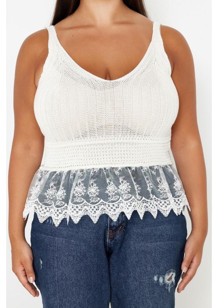 Moda Büyük Beden V Yaka Triko Fit Ajurlu Desen Casual Günlük Regular Askılı Kol Bluz