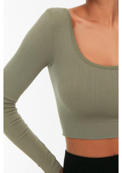 Moda Kare Yaka Örme Fit Düz Desen Sportswear Crop Uzun Kol Bluz fiyatları