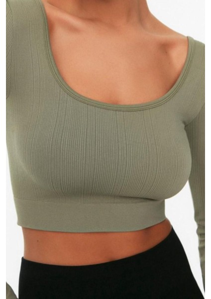 Moda Kare Yaka Örme Fit Düz Desen Sportswear Crop Uzun Kol Bluz modelleri