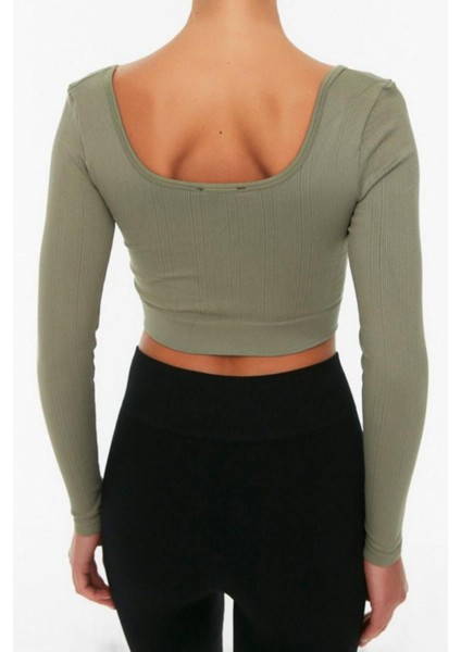 Moda Kare Yaka Örme Fit Düz Desen Sportswear Crop Uzun Kol Bluz indirimleri