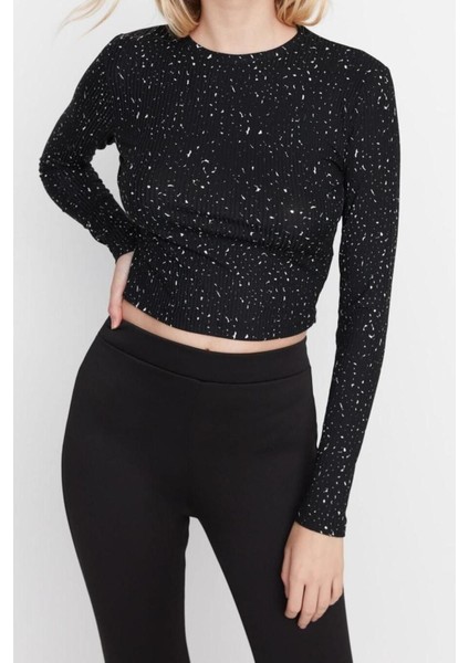 Moda Bisiklet Yaka Örme Puantiyeli Desen Casual Günlük Crop Uzun Kol Bluz