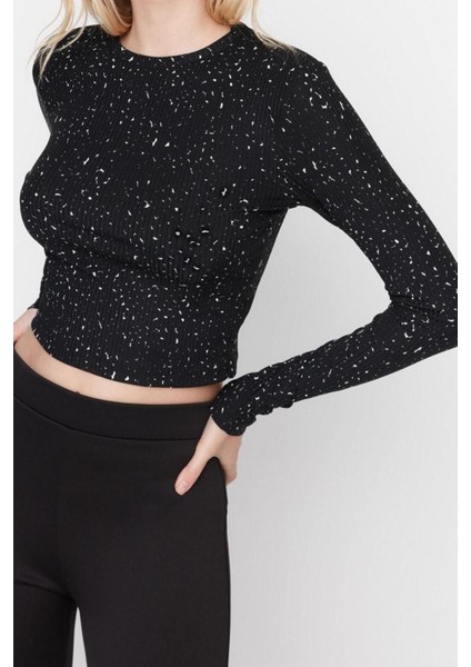 Moda Bisiklet Yaka Örme Puantiyeli Desen Casual Günlük Crop Uzun Kol Bluz modelleri