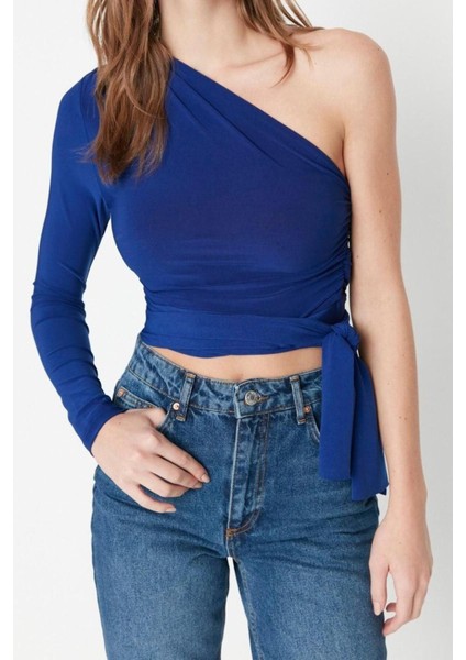 Moda Asimetrik Yaka Örme Slim Düz Desen Casual Günlük Crop Uzun Kol Bluz