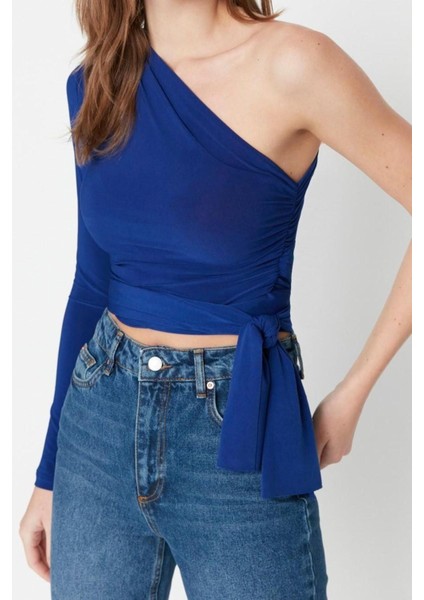 Moda Asimetrik Yaka Örme Slim Düz Desen Casual Günlük Crop Uzun Kol Bluz fiyatları