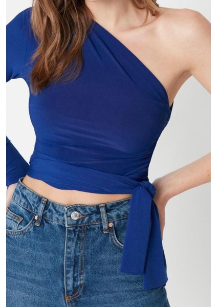 Moda Asimetrik Yaka Örme Slim Düz Desen Casual Günlük Crop Uzun Kol Bluz modelleri