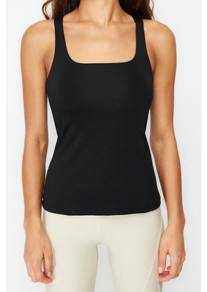 Moda Kare Yaka Örme Fit Düz Desen Sportswear Regular Askılı Kol Bluz