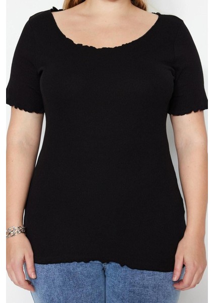 Moda Büyük Beden Kare Yaka Örme Fit Düz Desen Casual Günlük Regular Kısa Kol Bluz
