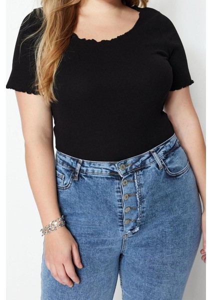 Moda Büyük Beden Kare Yaka Örme Fit Düz Desen Casual Günlük Regular Kısa Kol Bluz fiyatları