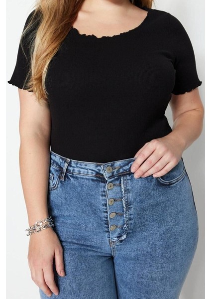 Moda Büyük Beden Kare Yaka Örme Fit Düz Desen Casual Günlük Regular Kısa Kol Bluz modelleri