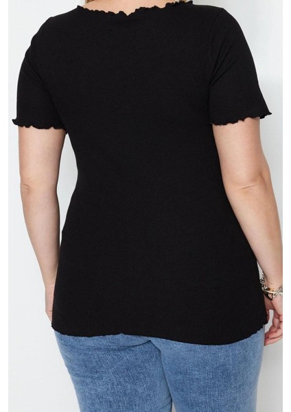 Moda Büyük Beden Kare Yaka Örme Fit Düz Desen Casual Günlük Regular Kısa Kol Bluz indirimleri