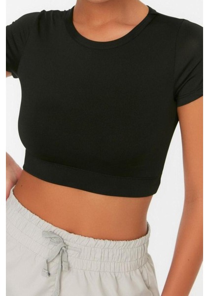 Moda Bisiklet Yaka Örme Fit Düz Desen Sportswear Super Crop Kısa Kol Bluz modelleri