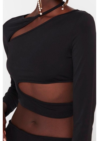 Moda Asimetrik Yaka Örme Slim Fit Düz Desen Şık Gece Crop Uzun Kol Bluz fiyatları