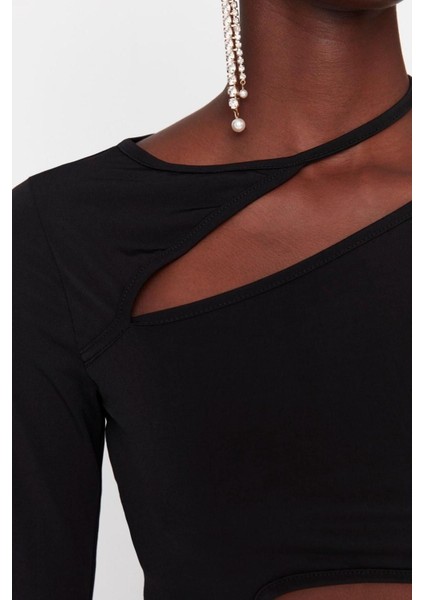 Moda Asimetrik Yaka Örme Slim Fit Düz Desen Şık Gece Crop Uzun Kol Bluz modelleri