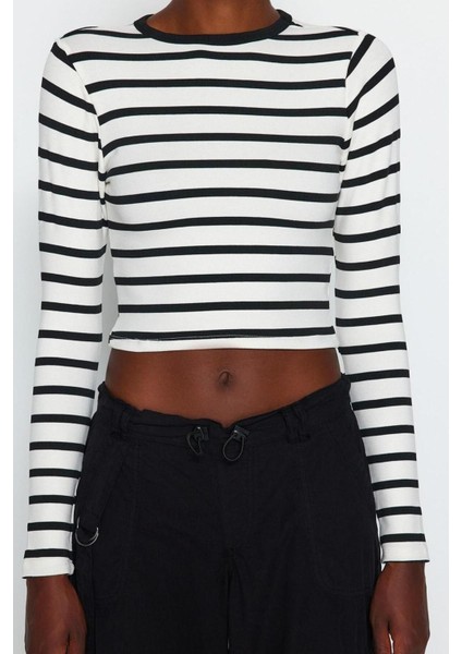 Moda Bisiklet Yaka Örme Slim Çizgili Desen Casual Günlük Crop Uzun Kol Bluz