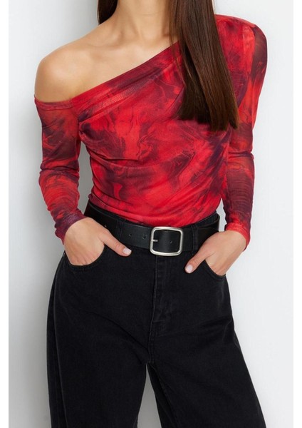 Moda Asimetrik Yaka Örme Slim Çiçekli Desen Casual Günlük Regular Uzun Kol Bluz fiyatları
