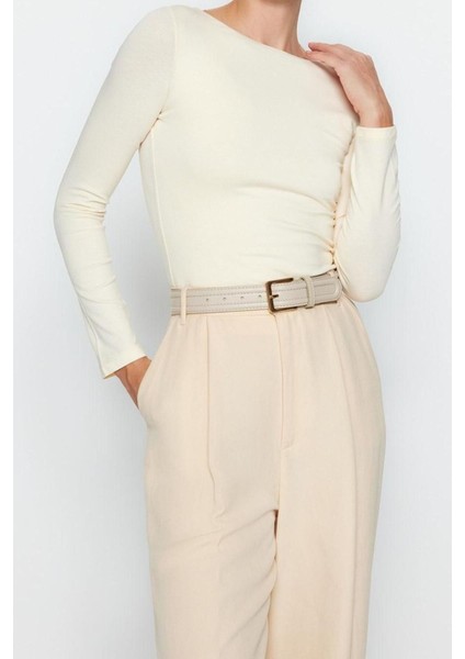 Moda Kayık Yaka Örme Slim Düz Desen Casual Günlük Crop Uzun Kol Bluz fiyatları