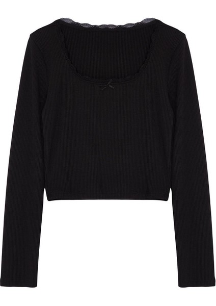 Moda Havuz Yaka Örme Slim Düz Desen Casual Günlük Crop Uzun Kol Bluz