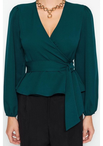 Moda Kruvaze Dokuma Regular Düz Desen Resmi Regular Uzun Kol Bluz