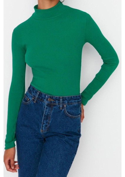 Moda Dik Yaka Örme Slim Düz Desen Casual Günlük Regular Uzun Kol Bluz