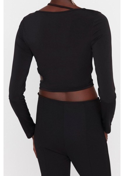 Moda Asimetrik Yaka Örme Slim Fit Düz Desen Şık Gece Crop Uzun Kol Bluz indirimleri