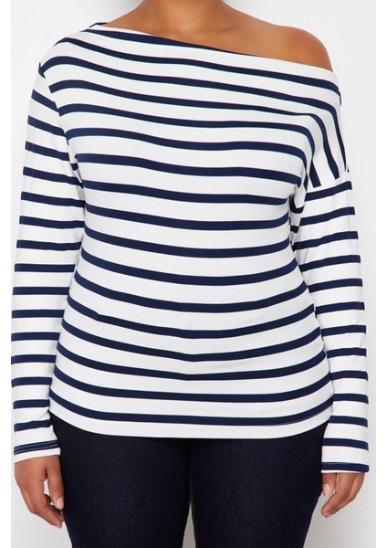 Moda Büyük Beden Kayık Yaka Örme Slim Çizgili Desen Casual Günlük Regular Uzun Kol Bluz