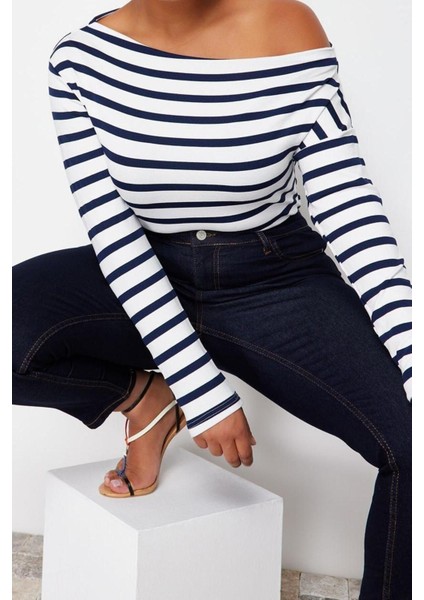 Moda Büyük Beden Kayık Yaka Örme Slim Çizgili Desen Casual Günlük Regular Uzun Kol Bluz fiyatları