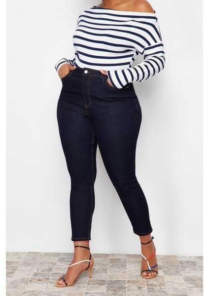 Moda Büyük Beden Kayık Yaka Örme Slim Çizgili Desen Casual Günlük Regular Uzun Kol Bluz modelleri