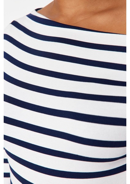 Moda Büyük Beden Kayık Yaka Örme Slim Çizgili Desen Casual Günlük Regular Uzun Kol Bluz fırsatları